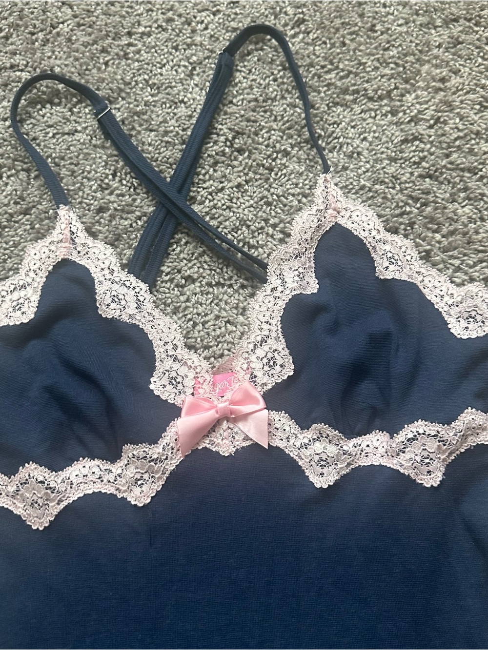 Sugar Thrillz Navy Slip Dress with Pink Lace Trim - Picture 4 of 5